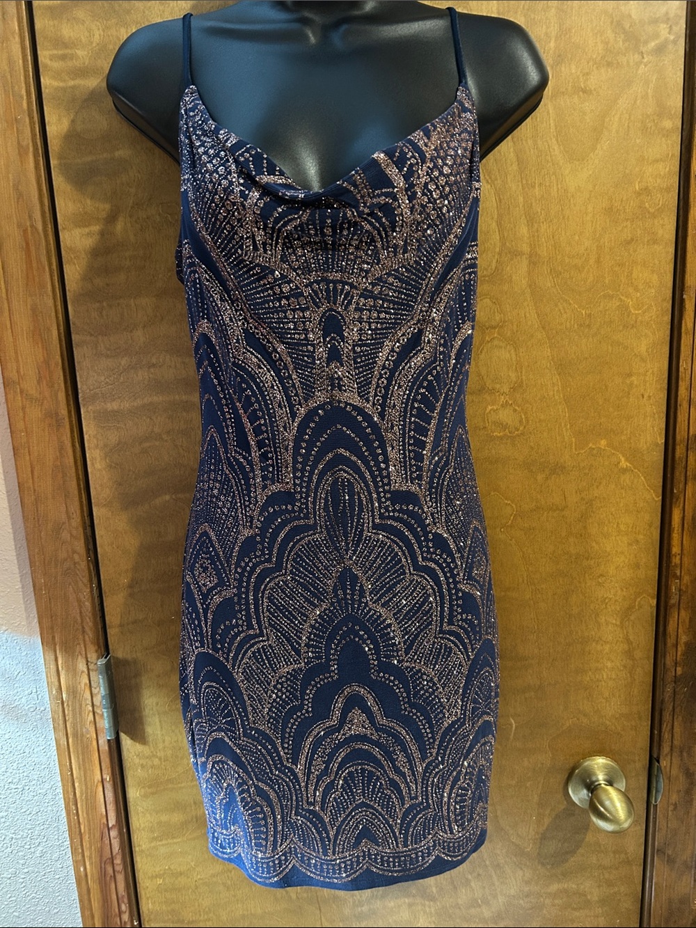 Navy Metallic Beaded Cowl-Neck Mini Dress - Homecoming
